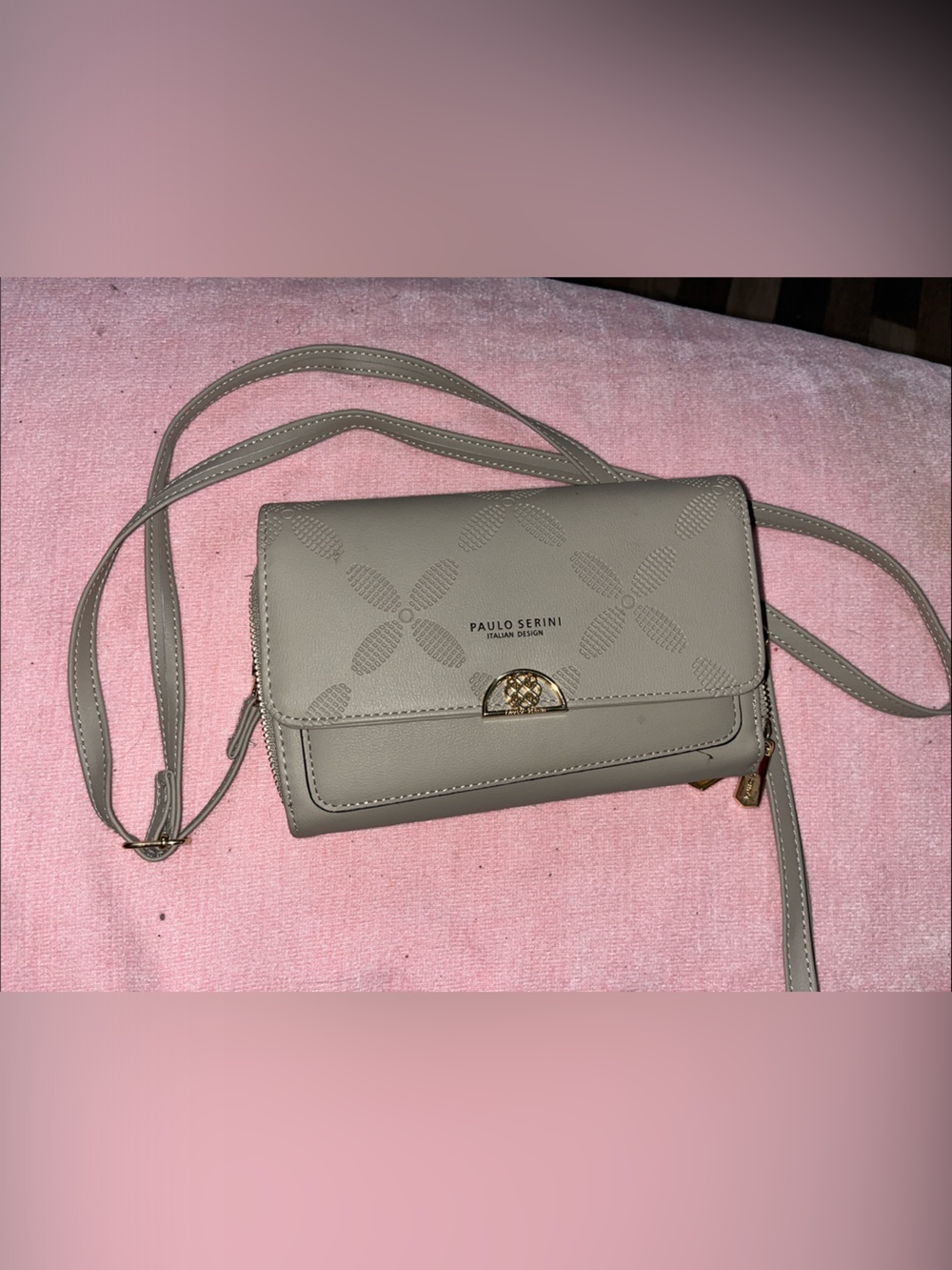 Paulo Serini Italian Design Taupe Crossbody Wallet - Floral Embossed Accent